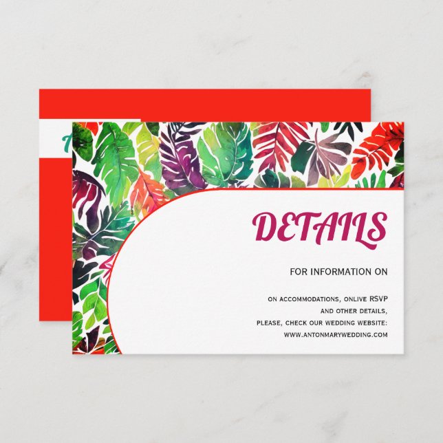 Colourful tropical leaves, arch maximalist wedding enclosure card (Front/Back)