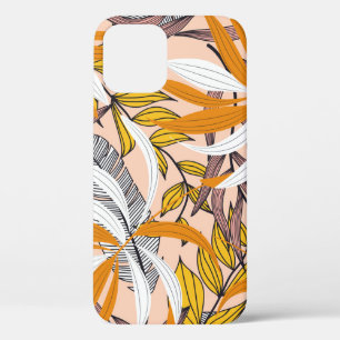 Colourful tropical leaves, beige background patter iPhone 12 case