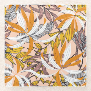 Colourful tropical leaves, beige background patter glass coaster