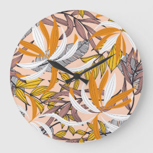 Colourful tropical leaves, beige background patter large clock