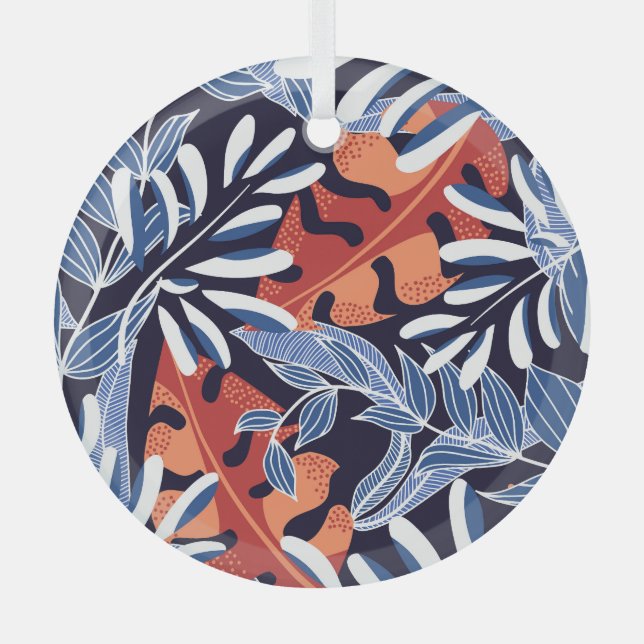 Colourful Tropical Leaves Blue Background Glass Tree Decoration (Front)