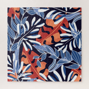 Colourful Tropical Leaves Blue Background Jigsaw Puzzle