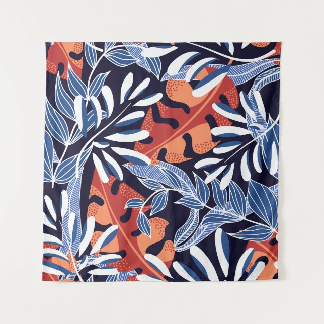 Colourful Tropical Leaves Blue Background Tapestry (Front)