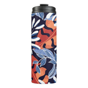 Colourful Tropical Leaves Blue Background Thermal Tumbler