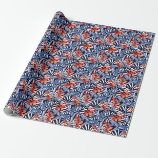 Colourful Tropical Leaves Blue Background Wrapping Paper