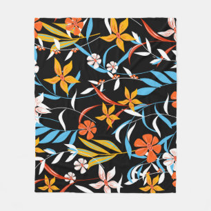 Colourful tropical leaves: dark background pattern fleece blanket