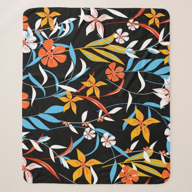 Colourful tropical leaves: dark background pattern sherpa blanket (Front)