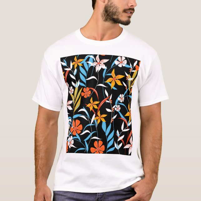 Colourful tropical leaves: dark background pattern T-Shirt (Front)