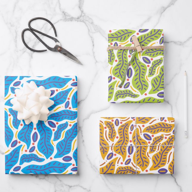 Colourful Tropical Leaves Doodle Wrapping Paper Sheet (Front)