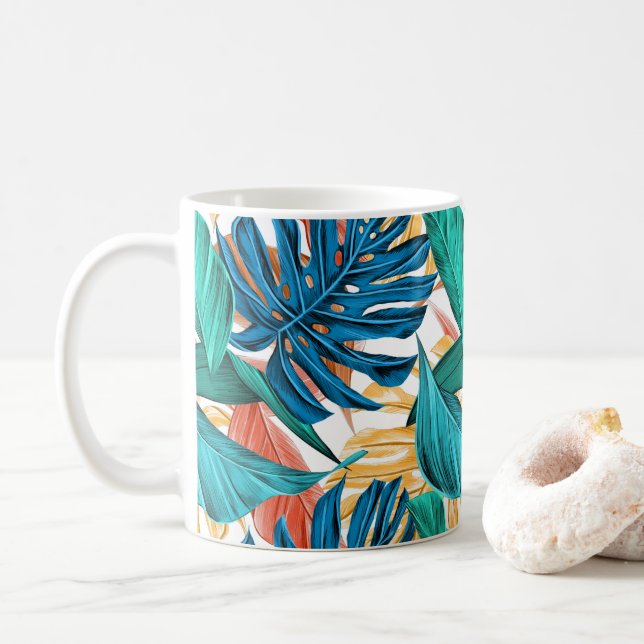 Colourful tropical leaves, exotic pattern design, coffee mug (With Donut)
