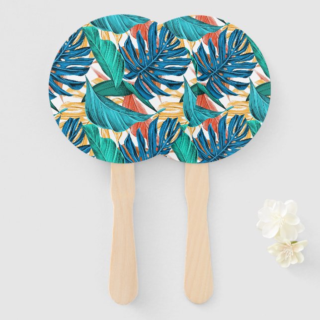 Colourful tropical leaves, exotic pattern design, hand fan (Front and Back)