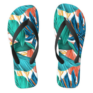 Colourful tropical leaves, exotic pattern design, jandals