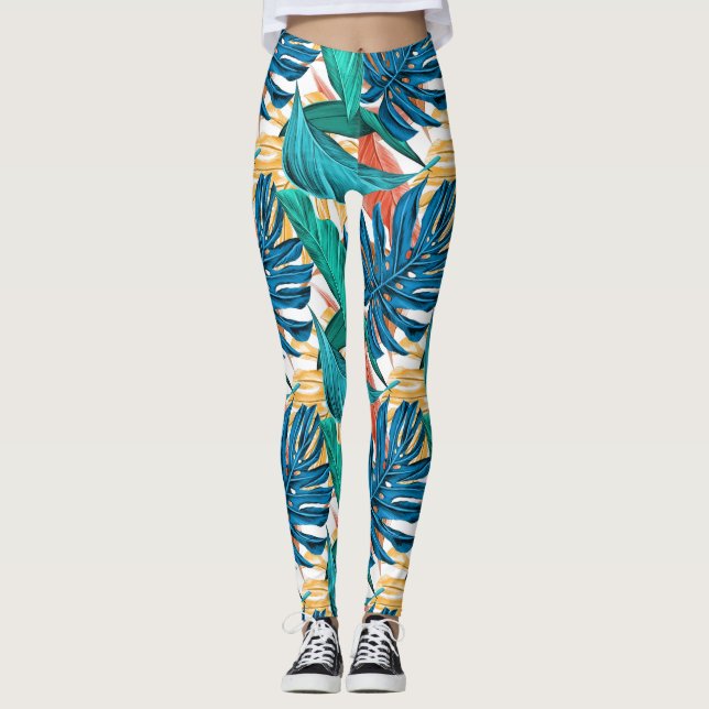 Colourful tropical leaves, exotic pattern design, leggings (Front)