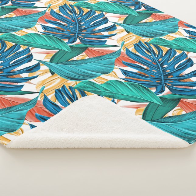 Colourful tropical leaves, exotic pattern design, sherpa blanket (3/4)
