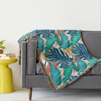 Colourful tropical leaves, exotic pattern design, throw blanket