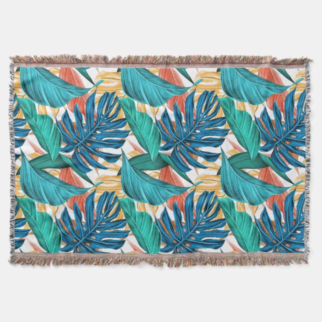 Colourful tropical leaves, exotic pattern design, throw blanket (Front)