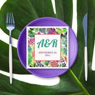 Colourful tropical leaves, frame maximalist weddin napkin