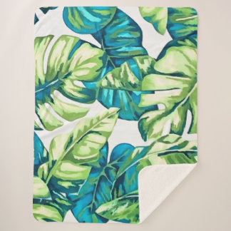 Colourful Tropical Leaves Of Banana and Monstera Sherpa Blanket