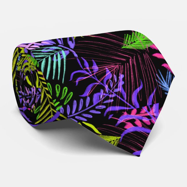 Colourful Tropical Leaves on Black Tie (Rolled)
