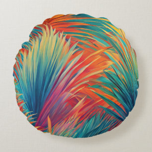 Colourful Tropical Leaves Palm Fronds Leaf Design Round Cushion