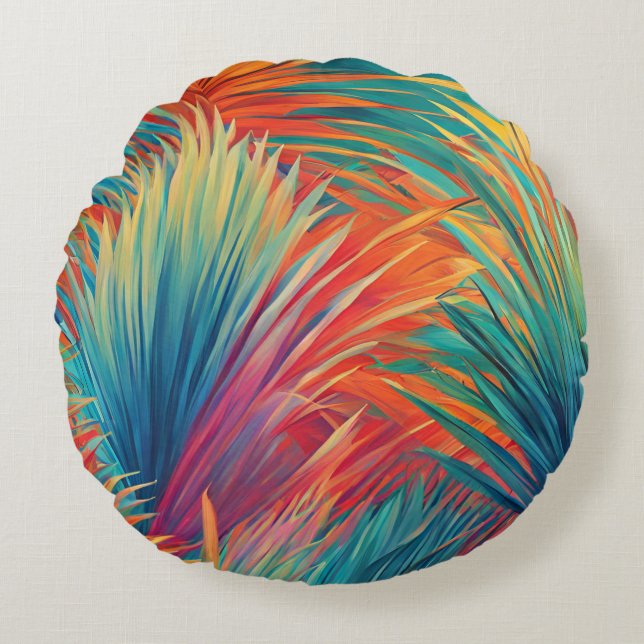 Colourful Tropical Leaves Palm Fronds Leaf Design Round Cushion (Front)