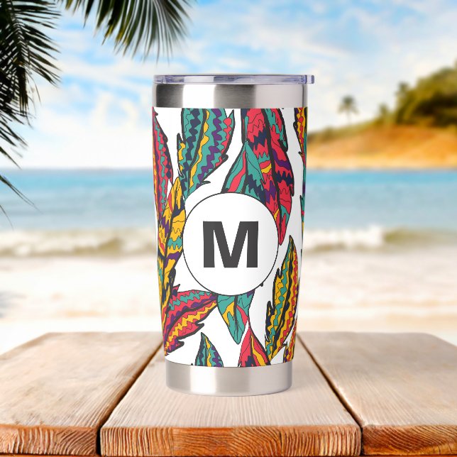 Colourful Tropical Leaves Pattern Monogram  Insulated Tumbler (Beach)