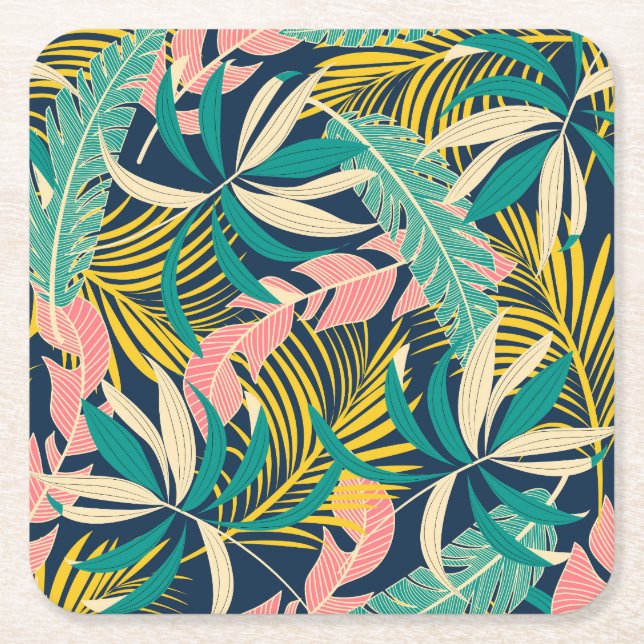 Colourful tropical leaves: summer pattern. square paper coaster (Front)