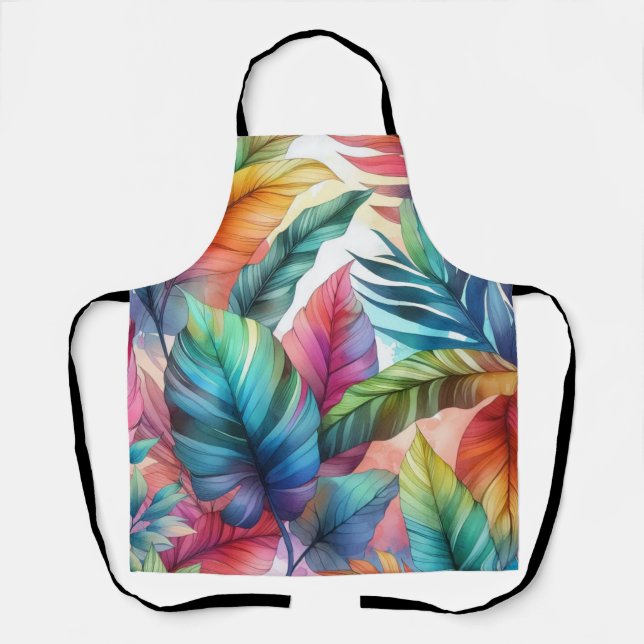 Colourful Tropical Leaves Watercolor Design Apron (Front)