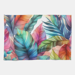 Colourful Tropical Leaves Watercolor Design Tea Towel