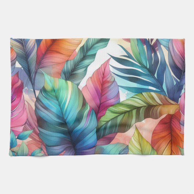 Colourful Tropical Leaves Watercolor Design Tea Towel (Horizontal)