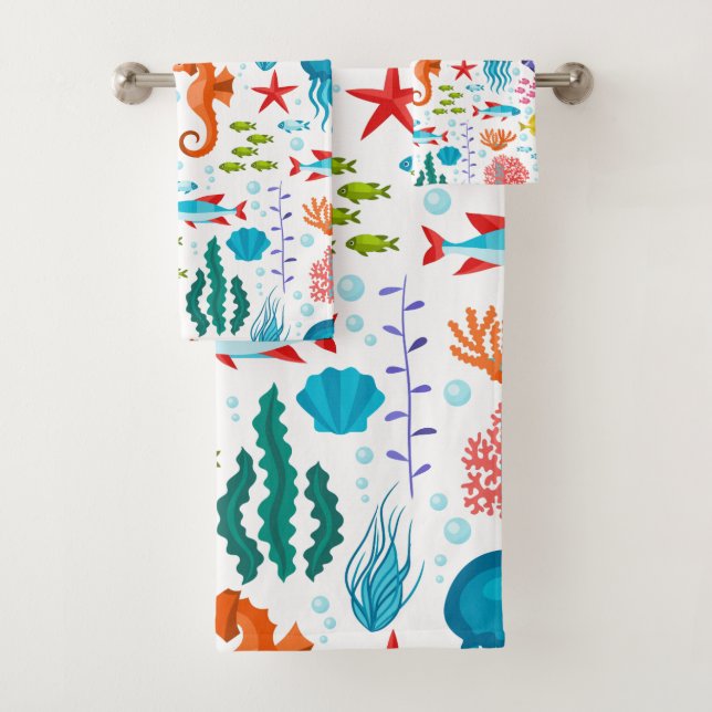 Colourful tropical marine life and animals pattern bath towel set (Insitu)
