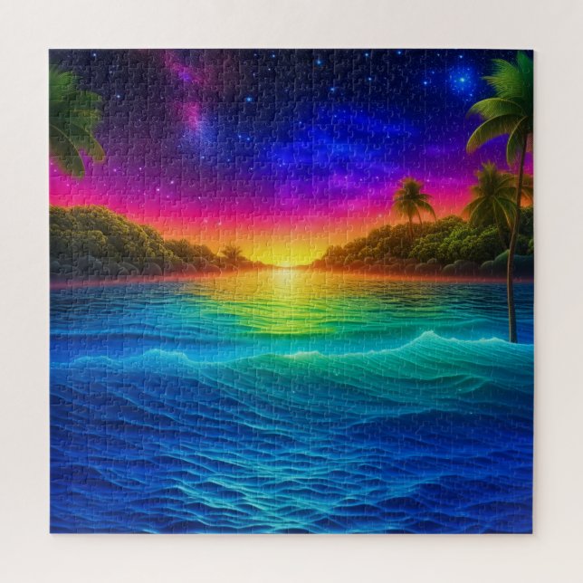 Colourful Tropical Ocean Sunset with Palm Trees Jigsaw Puzzle (Vertical)