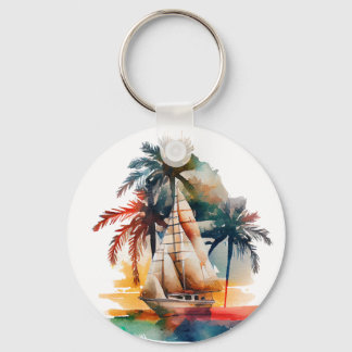 Colourful Tropical Palm and Sailboat Keychain