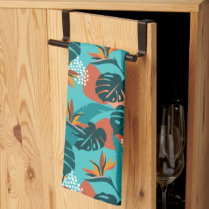 Colourful Tropical palm leaves and hibiscus flower Tea Towel