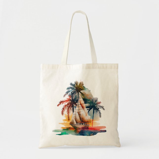 Colourful Tropical Palm Sailboat Tote Bag (Front)