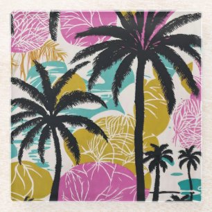 Colourful Tropical Palm Tree Pattern Glass Coaster