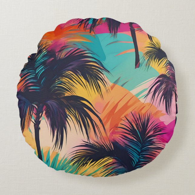 Colourful Tropical Palm Trees Art Round Cushion (Front)