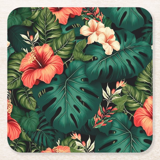 Colourful Tropical Paradise Hawaii Aloha Flowers Square Paper Coaster (Front)