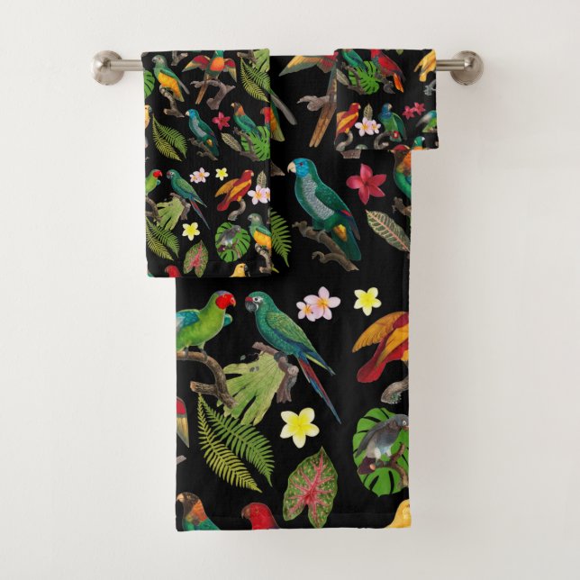 Colourful Tropical Parrots, Leaves & Flowers  Bath Towel Set (Insitu)