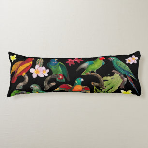 Colourful Tropical Parrots, Leaves & Flowers Body Cushion