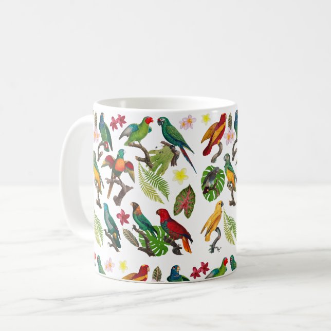 Colourful Tropical Parrots, Leaves & Flowers  Coffee Mug (Front Left)