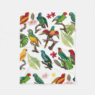 Colourful Tropical Parrots, Leaves & Flowers  Fleece Blanket