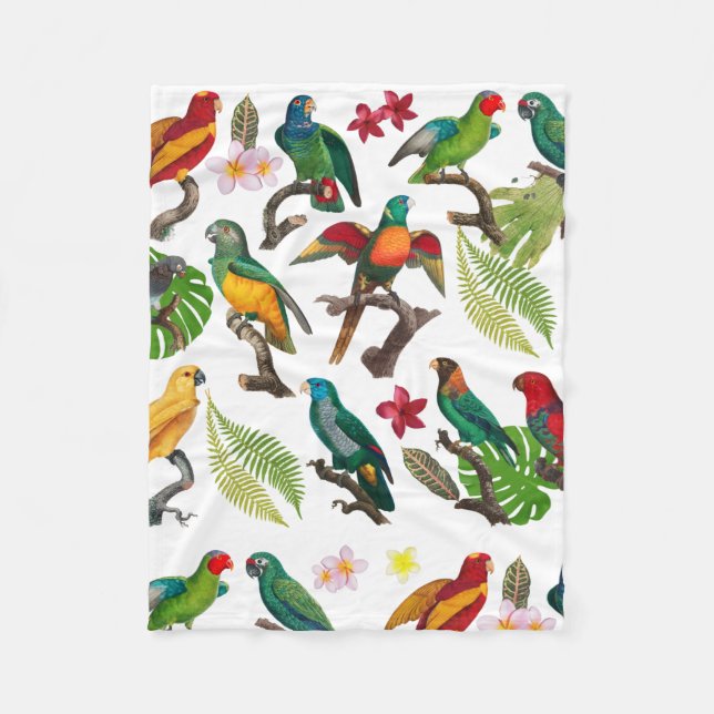 Colourful Tropical Parrots, Leaves & Flowers  Fleece Blanket (Front)