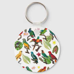 Colourful Tropical Parrots, Leaves & Flowers  Key Ring
