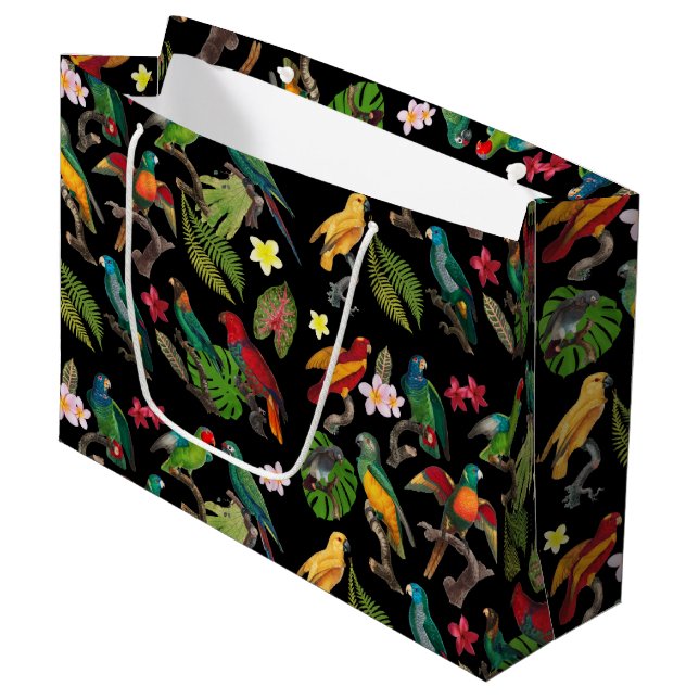 Colourful Tropical Parrots, Leaves & Flowers   Large Gift Bag (Front Angled)