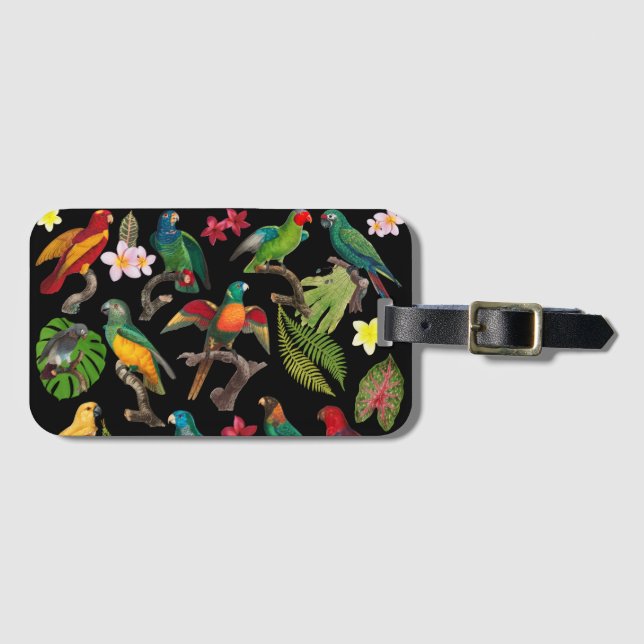 Colourful Tropical Parrots, Leaves & Flowers  Luggage Tag (Front Horizontal)