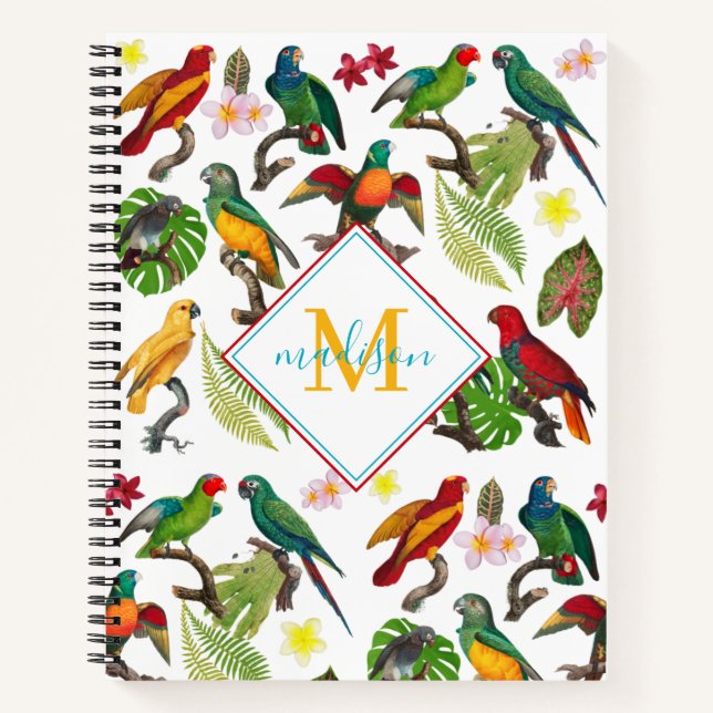 Colourful Tropical Parrots Leaves, Flowers Monogra Notebook (Front)