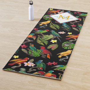 Colourful Tropical Parrots Leaves, Flowers Monogra Yoga Mat