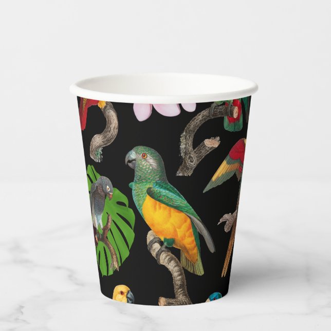 Colourful Tropical Parrots, Leaves & Flowers Paper Cups (Front)