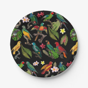 Colourful Tropical Parrots, Leaves & Flowers Paper Plate